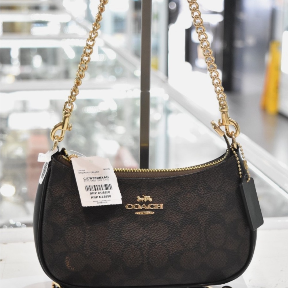 Coach Signature Canvas Gold/Walnut/Black Mini Teri Shoulder Bag - Picture 7 of 14